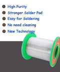 Thin Rosin Core Solder Wire 0.6mm 200g Lead Free Sn99 Ag0.3 Cu0.7 spool with green ends; features list in blue text