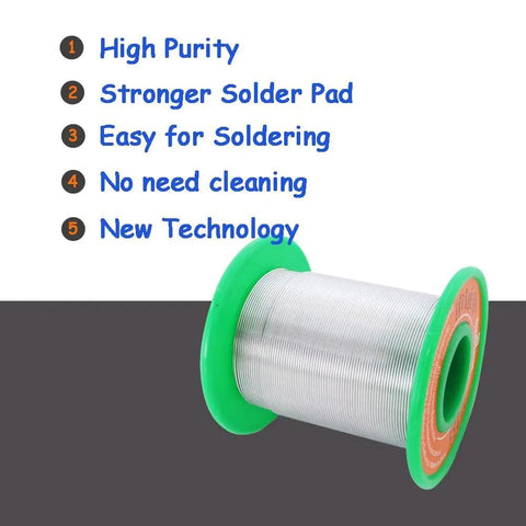 Thin Rosin Core Solder Wire 0.6mm 200g Lead Free Sn99 Ag0.3 Cu0.7 spool with green ends; features list in blue text