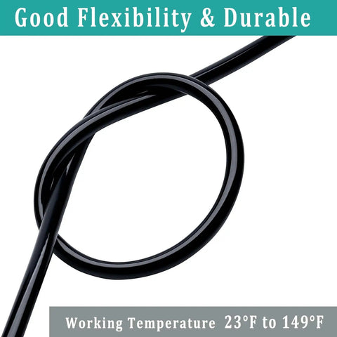 3/4 Inch Black Vinyl Tubing 10 Ft Flexible PVC Hose For Water Garden Pond Fountains And Light Gas Transfer, Low Pressure, Durable Safe, Includes 2 Clamps, shown knotted to demonstrate flexibility.