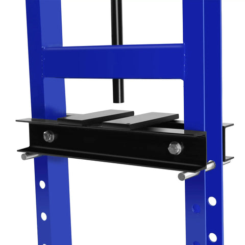 Heavy Duty 6 Ton H Frame Hydraulic Shop Press For Your Garage And Workshop Benchtop Or Floor Model Adjustable Height Includes Plates Blue Finish Ideal For Metal Bending Straightening And Stamping side view showing plates and frame.