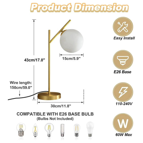 Dimensions of Mid Century Modern Table Lamp With Brass Metal Body And Milky White Glass Globe Shade 1 Light Bedside Lamp.