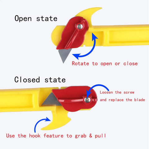 Hay Knife Tool For Round Bales And Net Wrap Cutter 29 Inch showing open and closed blade states with hook feature