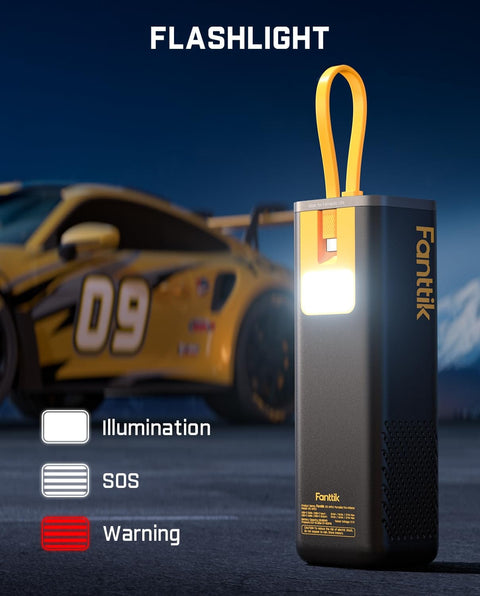 X9 Apex Portable Tire Inflator Cordless Pump With 150 PSI Lightning Fast 35 Second Inflation Built In Light And Power Bank shown with car in background