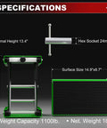 Specifications diagram of Heavy Duty Aluminum Motorcycle Scissor Lift Jack 1100 Lbs with Upgraded M16 Screw, optimal height 13.4".