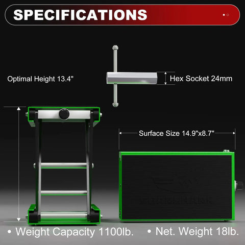 Specifications diagram of Heavy Duty Aluminum Motorcycle Scissor Lift Jack 1100 Lbs with Upgraded M16 Screw, optimal height 13.4".