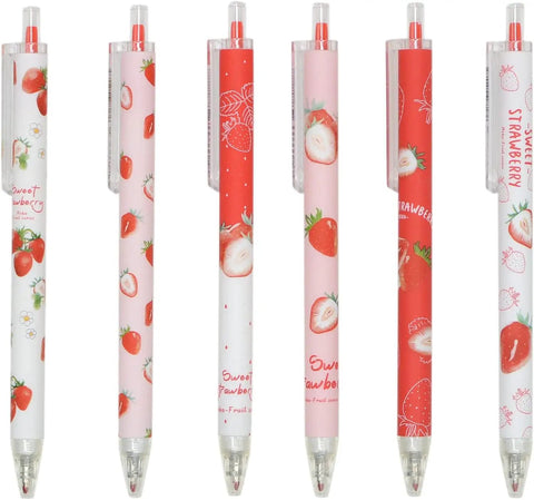 12 Pack Cute Strawberry Gel Pens Set Retractable 0.5mm Black Ink Pocket Size 5.7 Inch Totally Cute Strawberry Design Fun Writing Tools For Kids Girls And Boys Great Gift Idea pens displayed with strawberry patterns