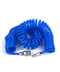 Badass Boss Level PU Air Compressor Hose Tube Featuring Slick Flexible Spring Coil Build And Quick Snap Connector, blue coiled hose.