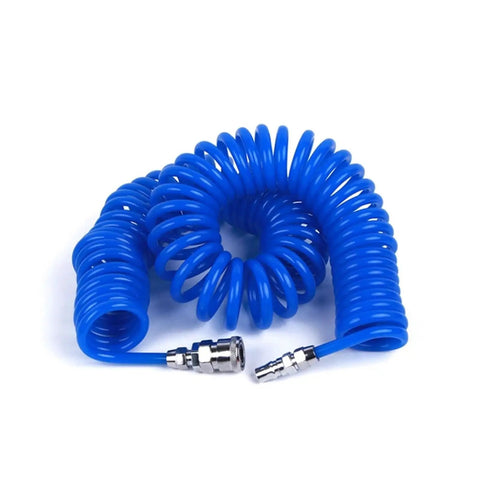 Badass Boss Level PU Air Compressor Hose Tube Featuring Slick Flexible Spring Coil Build And Quick Snap Connector, blue coiled hose.