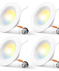 Top Shelf Four Pack Led Recessed Downlights Bring Smooth Dimmable Glow And Easy Color Temp Swaps Dead Simple Retrofit Fit For Standard Five Inch Can Housing Covers, showcasing four white LED downlights with E26 sockets.