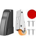 Heavy Duty Sliding Gate Roller Wheel Sagging Door Support Bearing For Silky Smooth Roll No Drag Hassle Free Galvanized track hanger, includes rubber wheel, screws, and red cap.