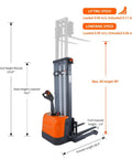 3300 Lbs Full Electric Walkie Stacker Material Lift With Straddle Legs And Adjustable Forks Up To 98 Inches Max Lifting Height side view