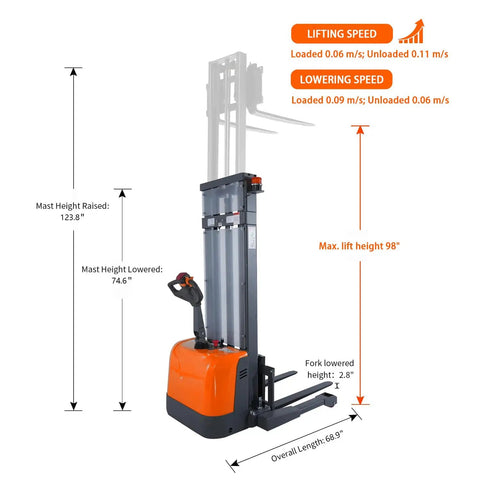 3300 Lbs Full Electric Walkie Stacker Material Lift With Straddle Legs And Adjustable Forks Up To 98 Inches Max Lifting Height side view