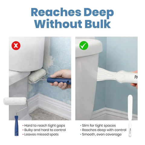Comparison of bulky roller and Paint Behind Toilet Tool Kit With 12-Inch Reach Flat Brush showing ease in tight spaces behind toilets