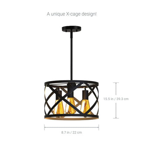 3 Light Pendant Fixture With 3 X 600 Lumen LED Bulbs Included, Vintage Farmhouse Industrial Metal X Cage Design, Black Ceiling Light