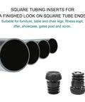 Square tubing inserts and adjustable levelers for furniture legs, showcasing heavy duty floor protectors.