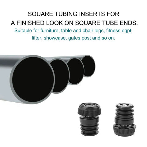 Square tubing inserts and adjustable levelers for furniture legs, showcasing heavy duty floor protectors.