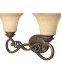 Double Scrolled 2-Light Vanity Light In Forged Sienna With Warm Amber Glass Damp Rated Bathroom Fixture Steel Construction Rustic Modern Style For Hallways Or Powder Rooms