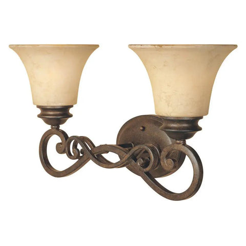 Double Scrolled 2-Light Vanity Light In Forged Sienna With Warm Amber Glass Damp Rated Bathroom Fixture Steel Construction Rustic Modern Style For Hallways Or Powder Rooms