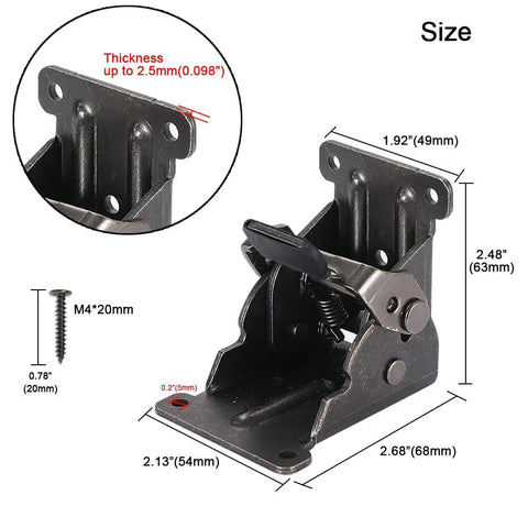 Heavy Duty Four Piece Folding Brackets For Table And Bed Legs With Self Lock Hinge Hardware Premium Galvanized Finish steel hinge with dimensions and mounting screw.