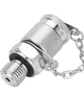 Front view of a silver knurled hydraulic pressure test coupling with male thread and attached chain (G3/8).