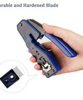 Hand holding RJ45 Pass Through Crimp Tool For Cat6 And Cat5e Ethernet Cables, All In One Wire Stripper Cutter, close-up view.