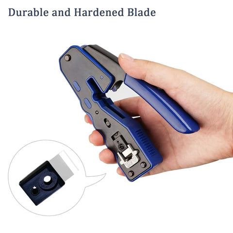 Hand holding RJ45 Pass Through Crimp Tool For Cat6 And Cat5e Ethernet Cables, All In One Wire Stripper Cutter, close-up view.