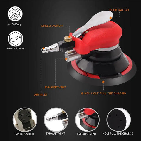 Pro Grade Pneumatic Random Orbital Sander 5 Inch And 6 Inch Palm Tool showing speed switch and exhaust vent features