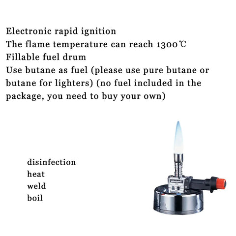 Electronic Ignition Portable Bunsen Burner With 35g Fuel Capacity, showcasing flame and features, ideal for heating and welding.