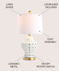 White Pierced Ginger Jar Ceramic LED Table Lamp With Dope Modern Glam Quatrefoil Fretwork, 20.5 Inch Tall White Linen Shade