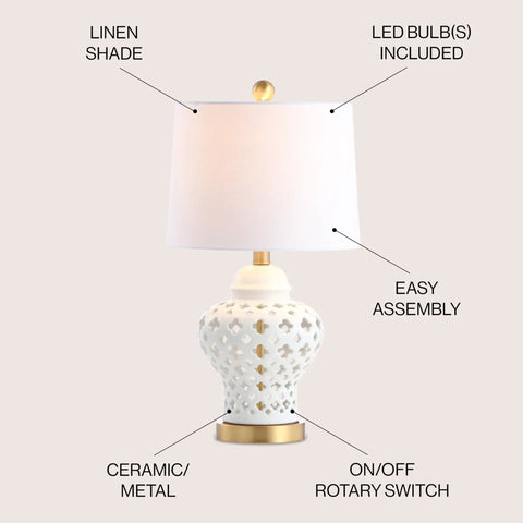 White Pierced Ginger Jar Ceramic LED Table Lamp With Dope Modern Glam Quatrefoil Fretwork, 20.5 Inch Tall White Linen Shade