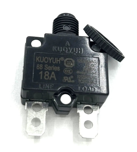 Close-up of Pack Of 2 C10RJ Overload Protection Breaker W55 18A Replacement Part For Metabo Tools Easy To Install Non OEM Yet Meets OEM Standards Durable And Long Lasting For Heavy Duty Use In Workshops, showing 18A rating and line-load terminals.