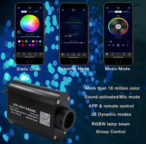 16W Sound Activated Starlight Headliner Kit remote app control display with fiber optic LED light engine