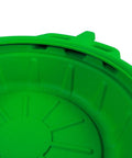 Close-up of green portable oil drain pan with large opening and anti-splash lip in durable polyethylene for cars and fluids anti freeze.