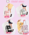 Model holding Cat Print Rolling Backpack For Girls And Kids With Wheels Trolley Roller Bookbag School Bag Wheeled Bag In Pink