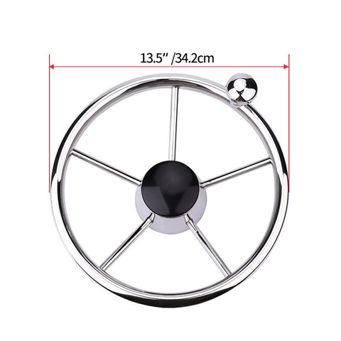 Top view of Thirteen Point Five Inch Boat Stainless Steel Hydraulic Steering Helm For Standard Systems No Fuss Toolless Install