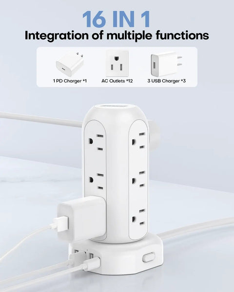 20W USB C PD Fast Charging Power Strip Tower with 12 outlets and 4 USB ports, shown on a white desk.