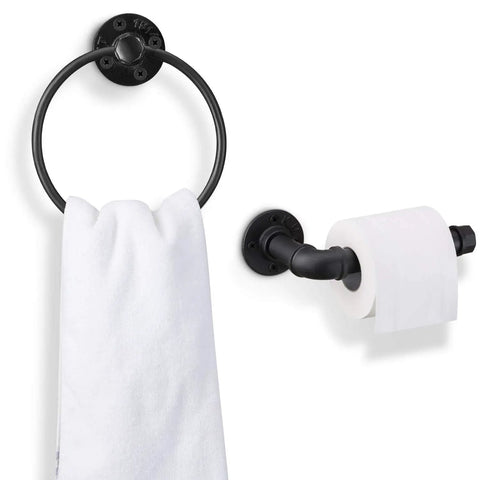 Industrial Black Toilet Paper Holder And Towel Ring Set For Bathroom, Wall Mounted Hardware Kit In Matte Black Iron Finish