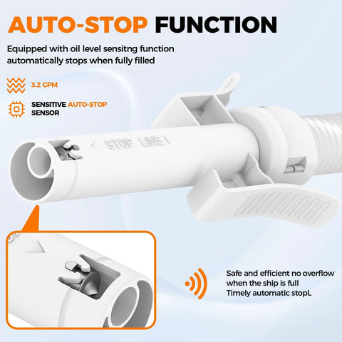 Close-up of Portable Fuel Transfer Pump With Auto Stop Sensor Prevents Spills 3.2 GPM Automatic Fuel Transfer Kit nozzle