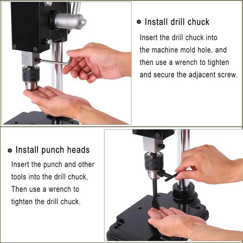 Hands installing drill chuck and punch heads on Beefy Leather Hole Puncher For DIY Leather Crafting Arbor Press Hand Punch Tool.