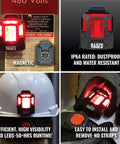 Rechargeable Safety Light With Magnet For Hard Hats And Helmets Red LED Visible Up To Quarter Mile Four Modes And Up To 52 Hours Runtime Compact And Lightweight Mounts To Magnetic Surfaces For Easy Worksite Safety in use on various surfaces including hard hat and magnetic panel.