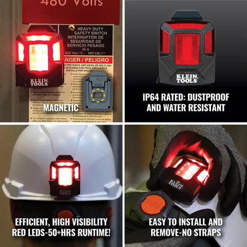 Rechargeable Safety Light With Magnet For Hard Hats And Helmets Red LED Visible Up To Quarter Mile Four Modes And Up To 52 Hours Runtime Compact And Lightweight Mounts To Magnetic Surfaces For Easy Worksite Safety in use on various surfaces including hard hat and magnetic panel.