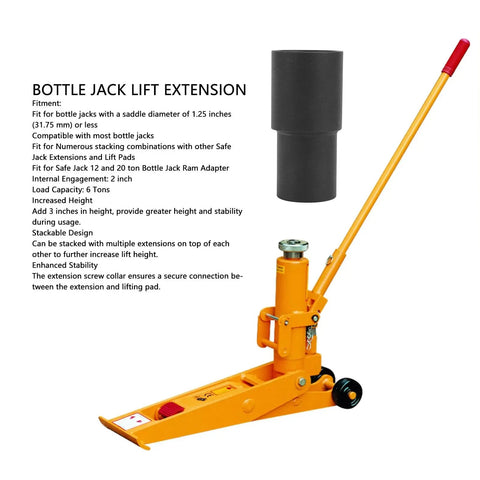 Bottle Jack Lift Extension For 6 Ton Capacity With 3 Inch Height Increase, Heavy Duty Iron Construction That Fits 1.25 Inch Saddle Diameter Bottle Jacks, Boost Your Lifting Game. Displayed with jack.
