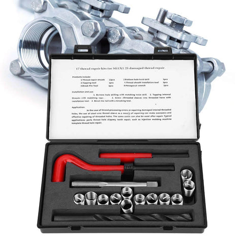Thread Repair Kit 17Pcs M11 X 1.25 Helicoil Internal Thread Repair Kit for Aluminum and Metal with case and tool components visible