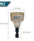 OKX Plus Tools deburring external chamfer tool with tungsten blade and hex shank, gold-tone body