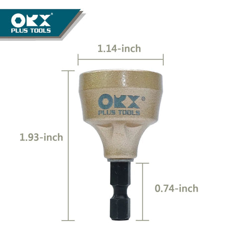 OKX Plus Tools deburring external chamfer tool with tungsten blade and hex shank, gold-tone body