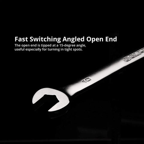 Close-up of a long pattern 6-point reversible ratcheting wrench set 1/4 to 3/4 inch SAE, angled open end.