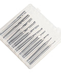 Top view of 10-piece carbide end mill set in a clear plastic case; 1/8-inch shank, upcut router bits.