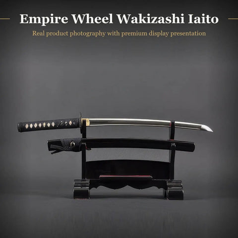 Wakizashi Iaito Unsharpened Stainless Steel Practice Sword For Iaido And Iaito Kata 21 Inch Blade With Bo Hi On Stand