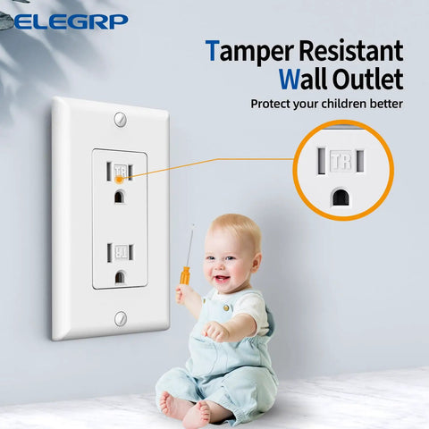 Premium Matte White Decorator Receptacle Outlets 15A 125V No Fuss Tamper Resistant Sockets With Matching Wall Plates Self Grounding UL Listed Heavy Duty Real Deal Protection Plus 20 Pack with child and wall outlet.