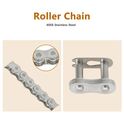40SS Stainless Steel Roller Chain, 10 Feet With Connecting Links, 240 Links, Beefy Chain Built For Tough Jobs, shown in detail